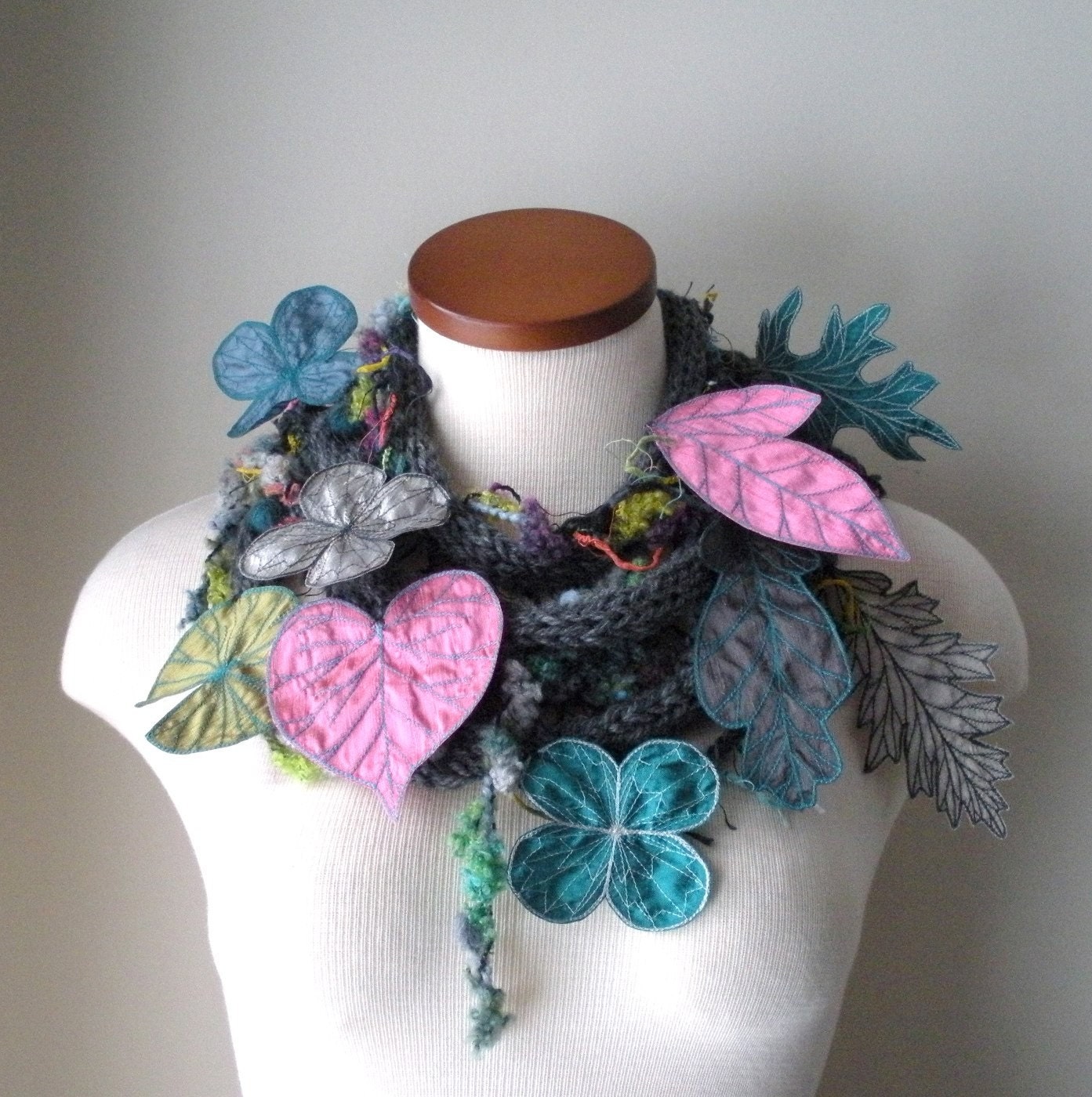 Long and Leafy Scarf with Embroidered Leaves- Grey with Thulian Pink, Light Grey, and Teal Berries