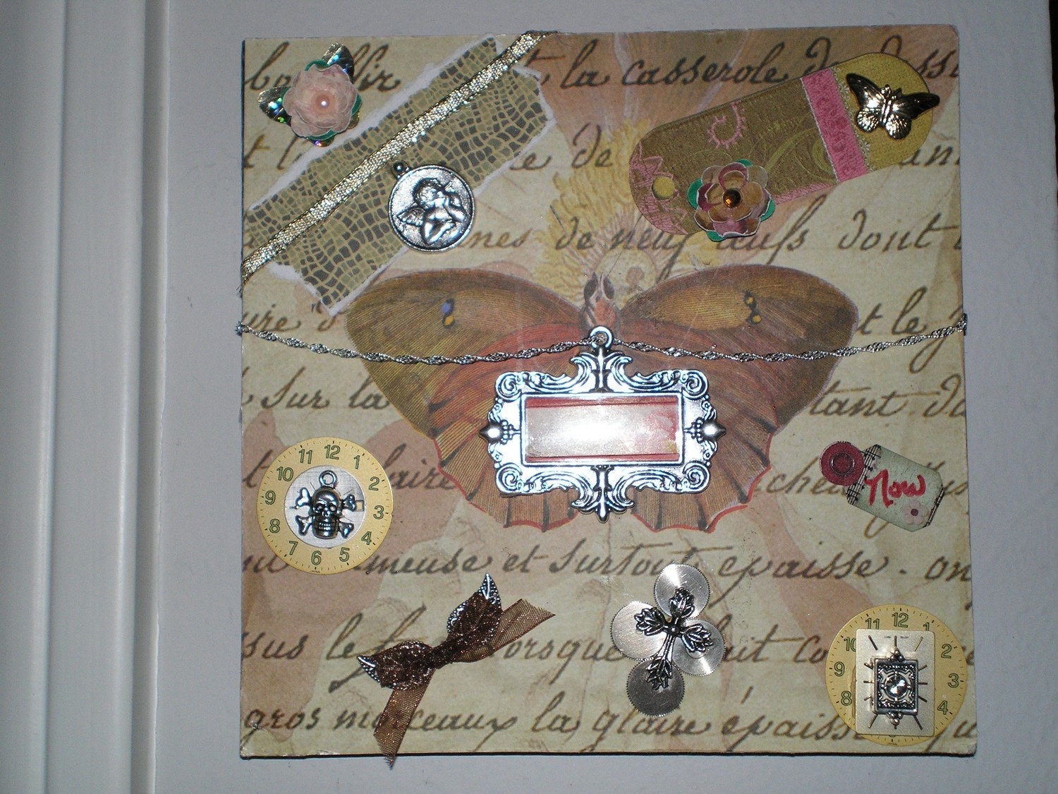 She Dreams of Flight 4 - Part 4 in my 4-part series of OOAK Signed Altered Art Collage Mixed Media Plaques with Jewelry Butterflies Dragonflies Skulls Paper Flowers Heart Watch Parts Chains