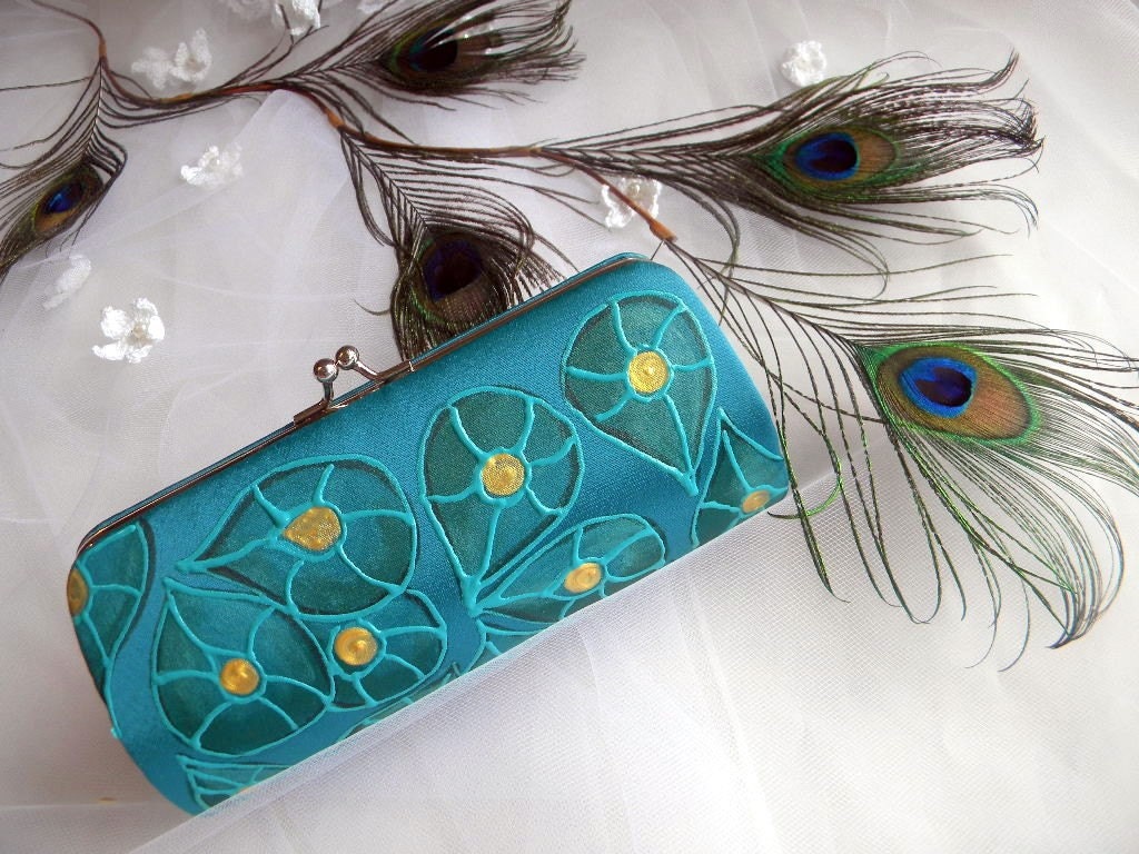 Painted Peacock feathers art deco small clutch for bridesmaids/bride -TEAL- Choose your own color and design