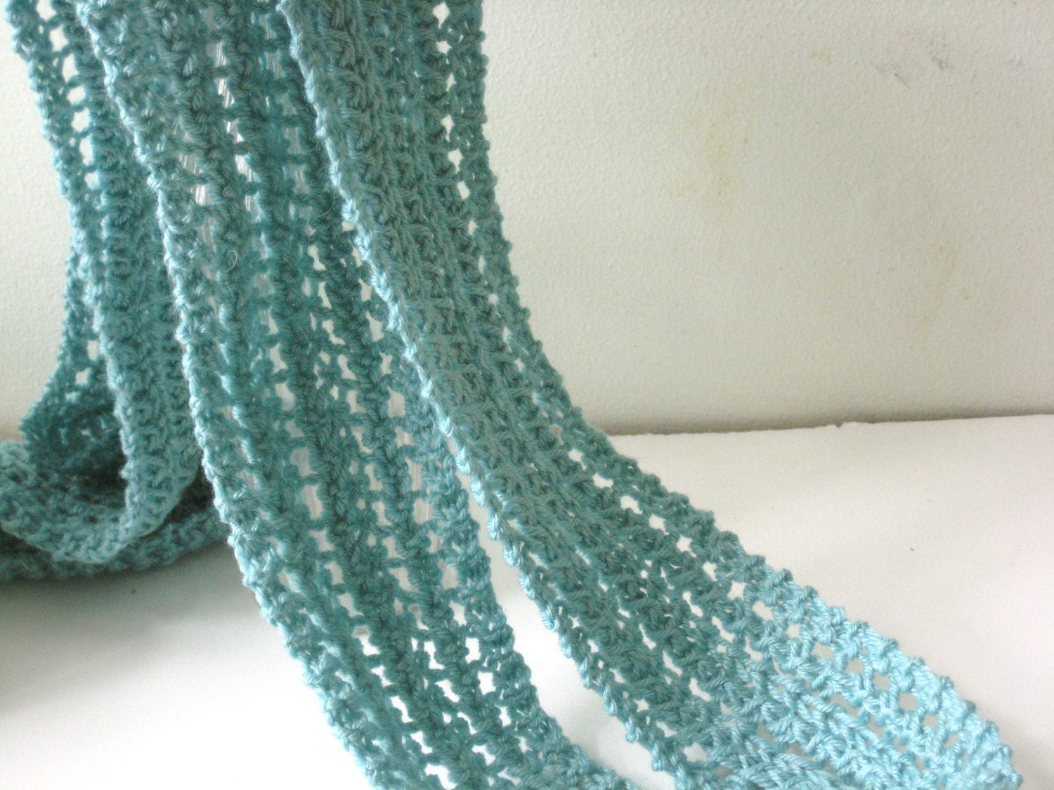 skinny hand knit aqua wool and silk scarf