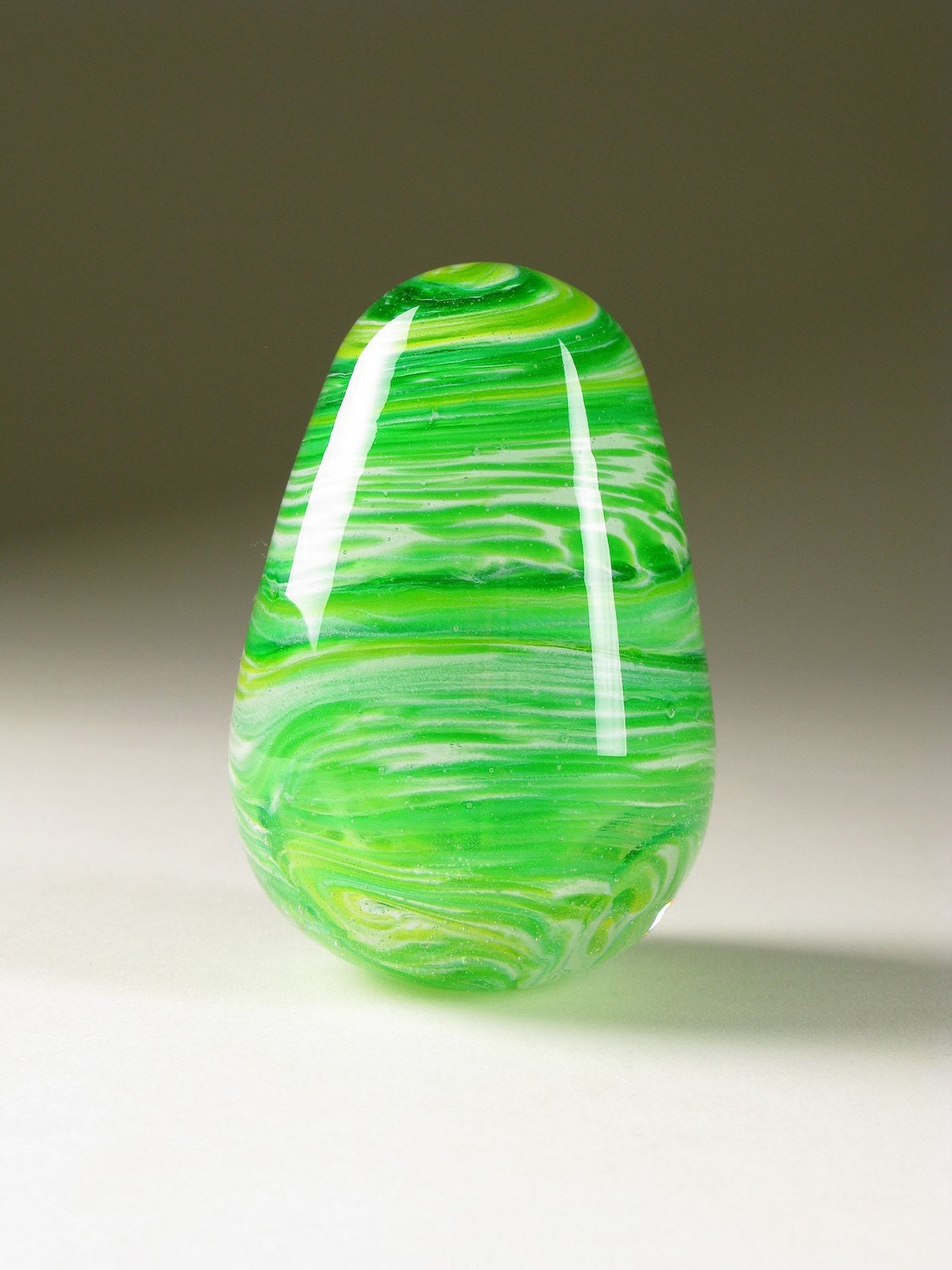 Blown Art Glass Egg Paperweight - Spring Green Maelstrom