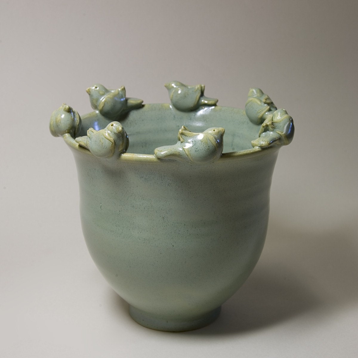 Seven Birds Perched Atop A Pea Green Ceramic Bowl