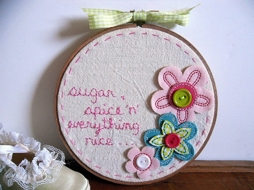 Hand Embroidered Nursery Decor Needlework Sugar and Spice Hoop by The Career Scrapper on Etsy
