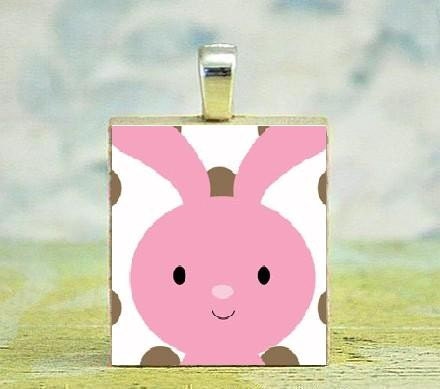 Pink Easter Bunny Scrabble Tile Pendant w. FREE Ball Chain