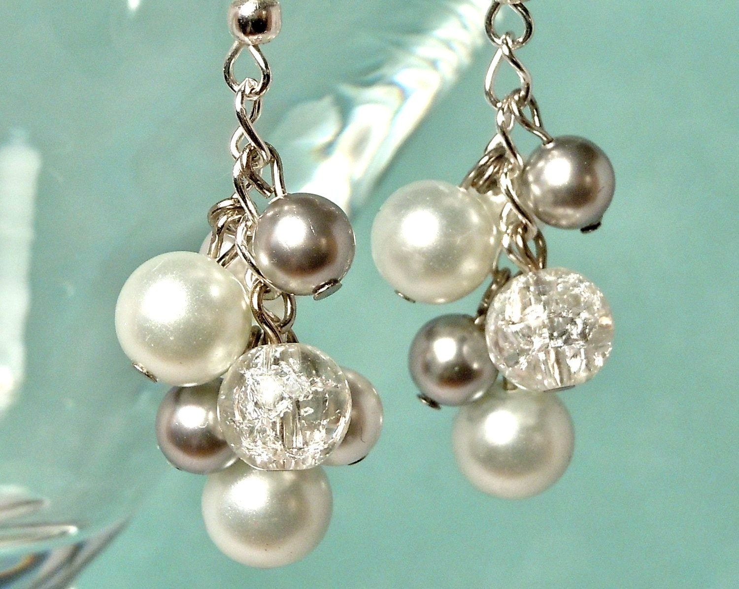 Silver Swarovski Pearl Cluster Dangle Earrings, Perfect Bridal or Bridesmaid Earrings