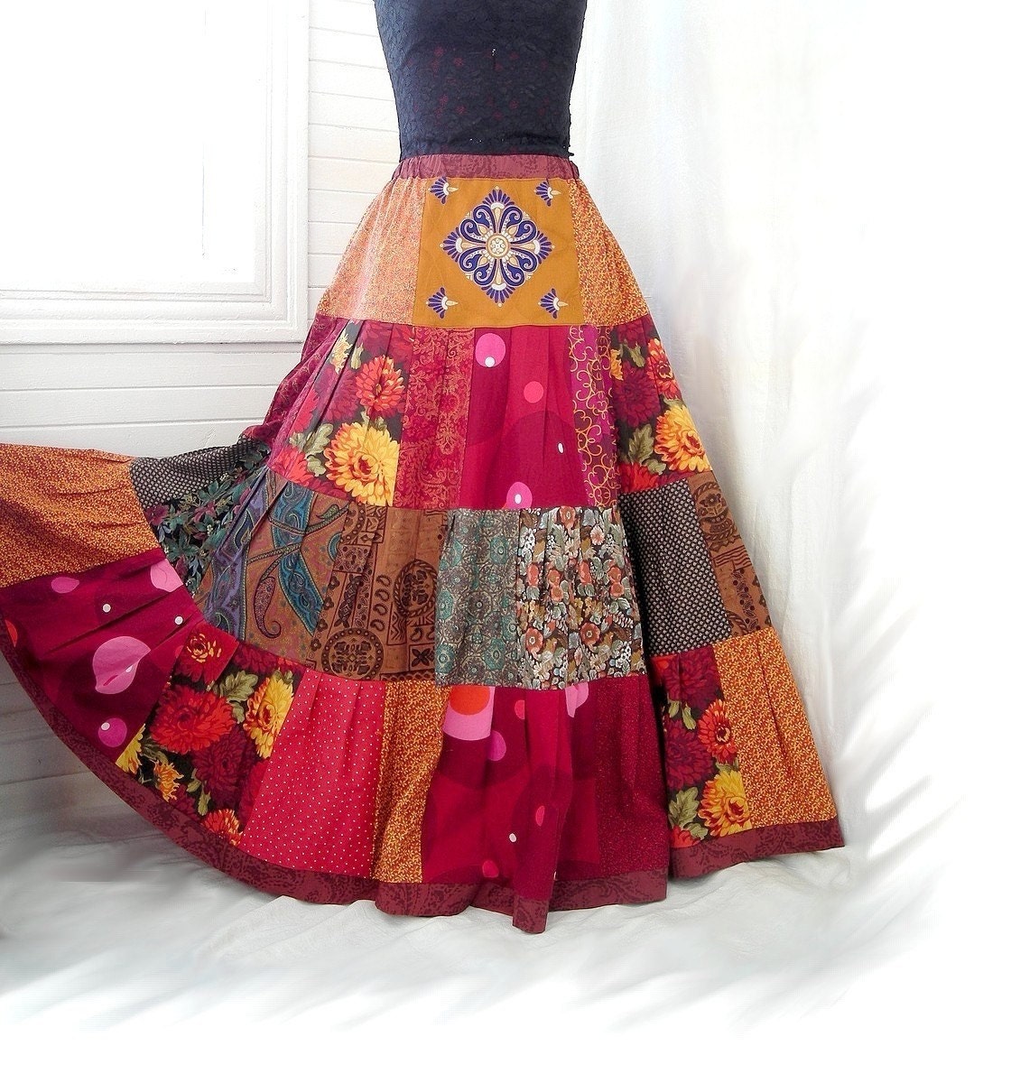 Red Fire Blossoms - Floral Patchwork Boho Gypsy Skirt, 19-foot hem, Sizes - S, M, L, XL