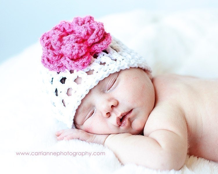 MARCH SPECIAL - Crocheted (White with Rose Pink Flower) Cotton Newborn Beanie Hat (Photography Prop)