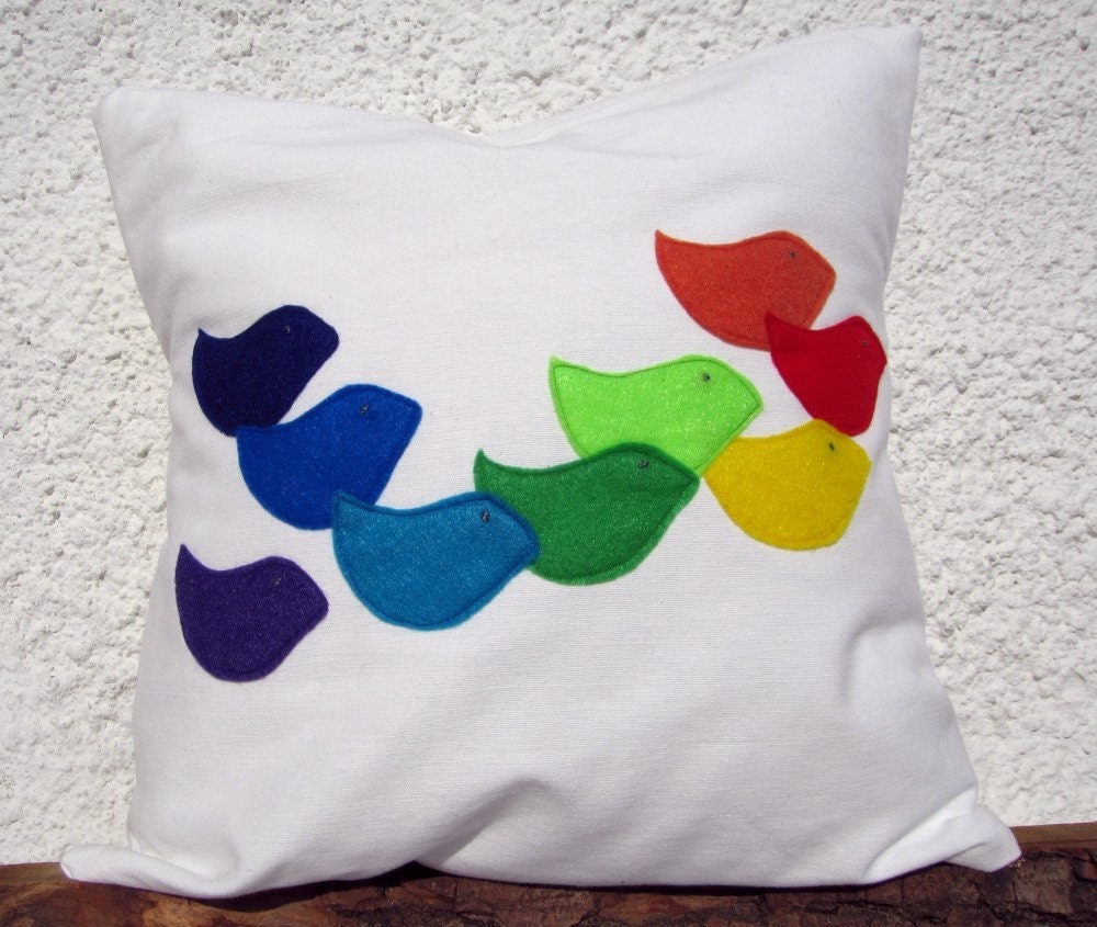 Handmade Appliqued Pillow Cover: Rainbow Birds