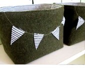 Set of Two Fabric bins with Bunting Made from Upcycled Army Wool Vintage Fabric