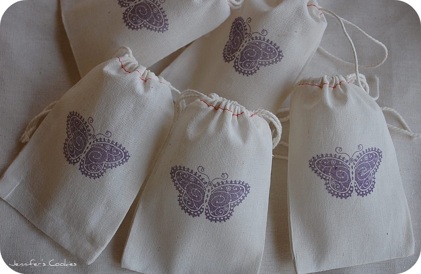 10 Purple Small Butterfly Spring Collection Hand Stamped Muslin Drawstring Favor Bags 3x5