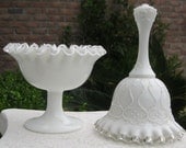 2 Fenton Silvercrest Milk Glass Pieces - Spanish Lace Bell and Footed Compote Candy Dish