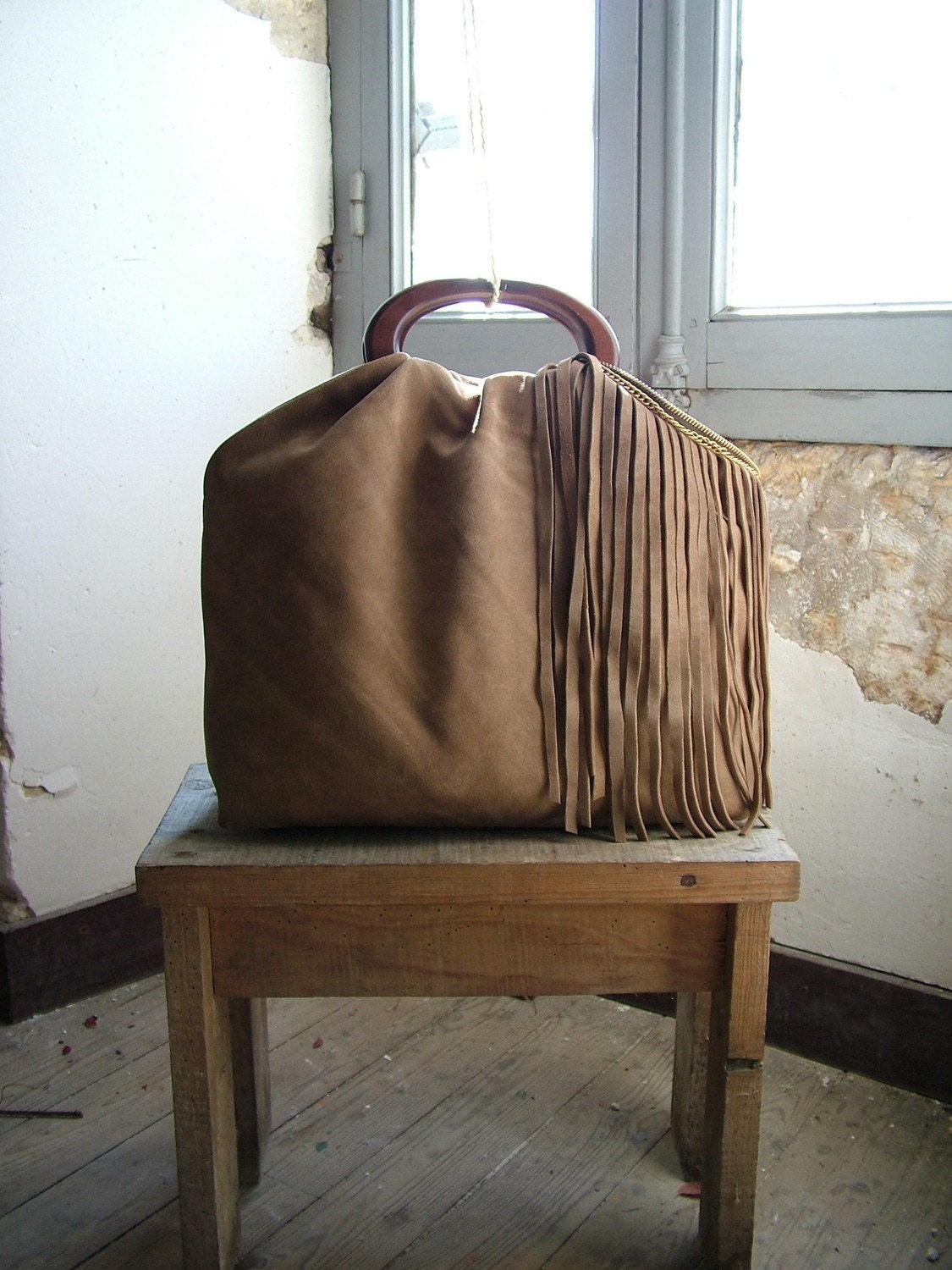 Honey Camel  Tasselled Chic Tote in Suede and  Vintage Brass - Made to Order
