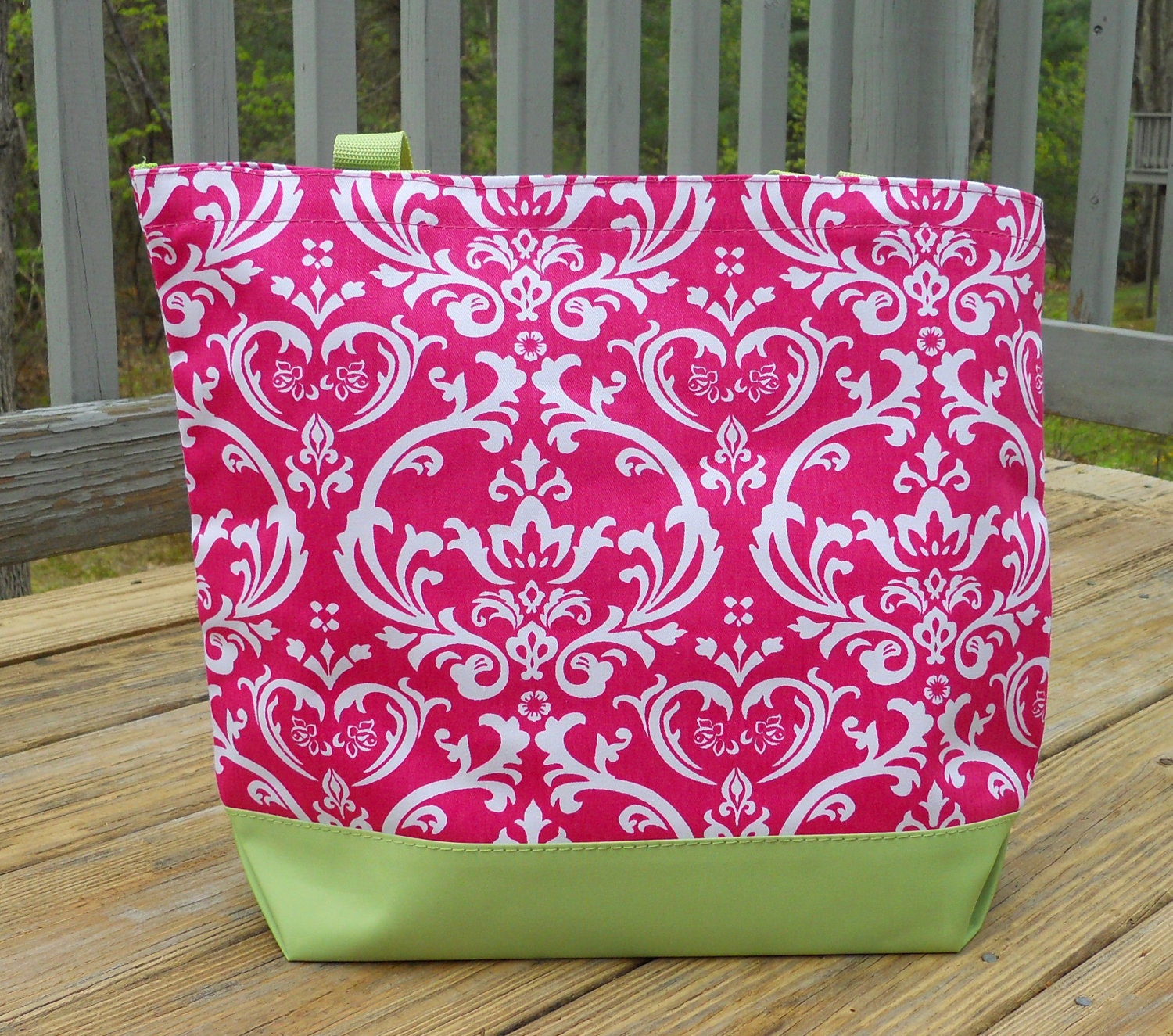 Personalized Monogrammed Pink Damask Beach or Tote Bag