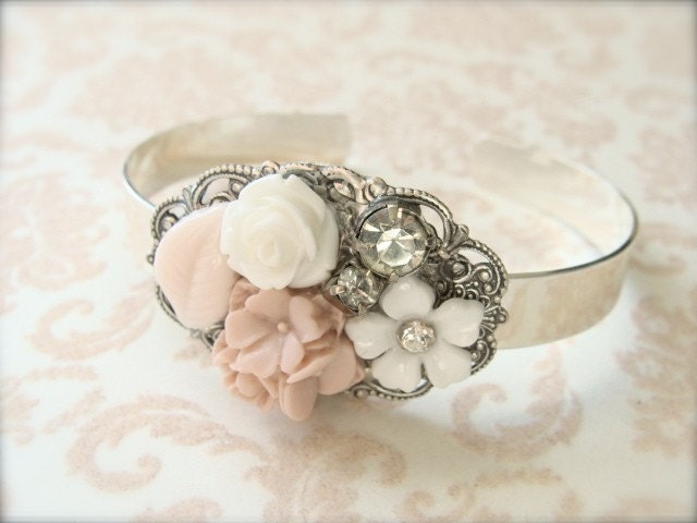 Vintage Style Collage Bracelet. Pastel pink and white with vintage rhinestones.
