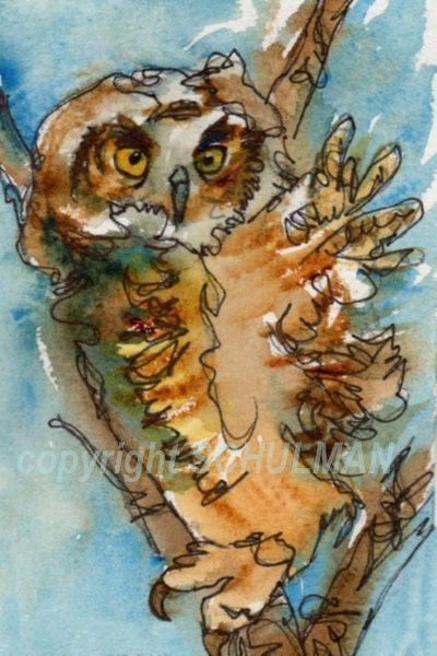 Owl Art, bird wildlife watercolor painting 8x10" with FREE white mat