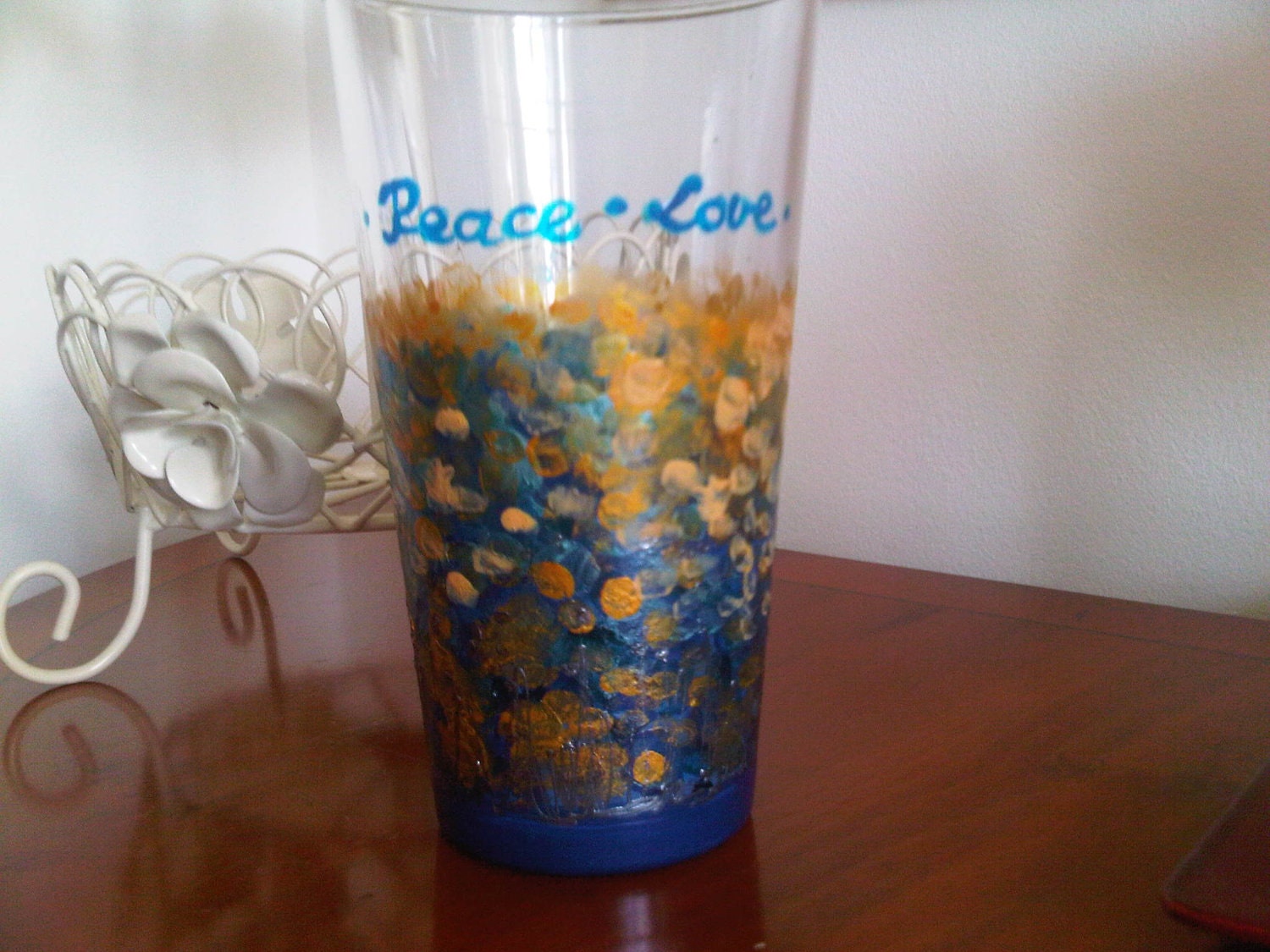 Hand Painted Drinking Glass. Blue and Yellow Flowers.