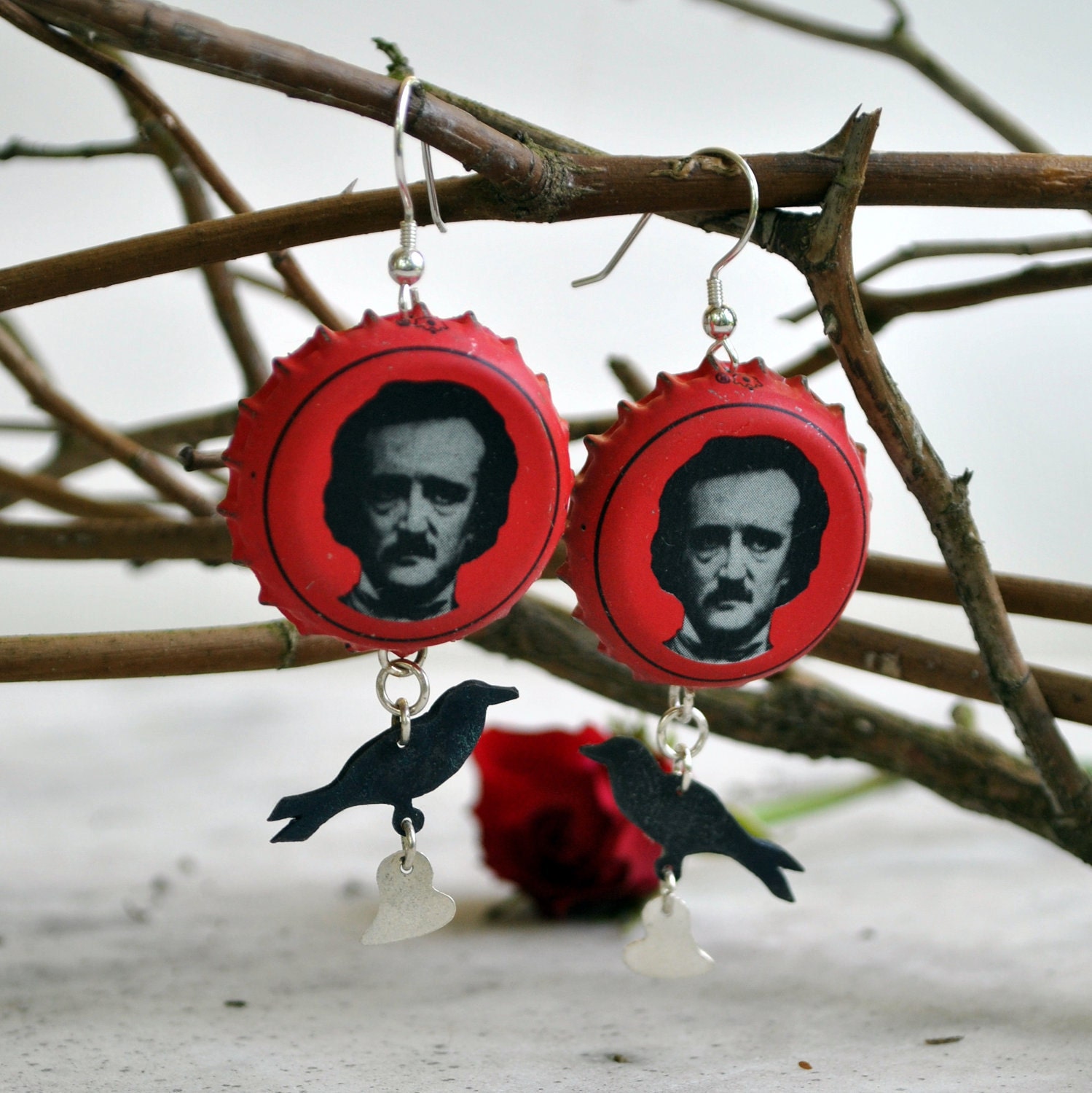 Edgar Allan Poe Bottle Cap Earrings