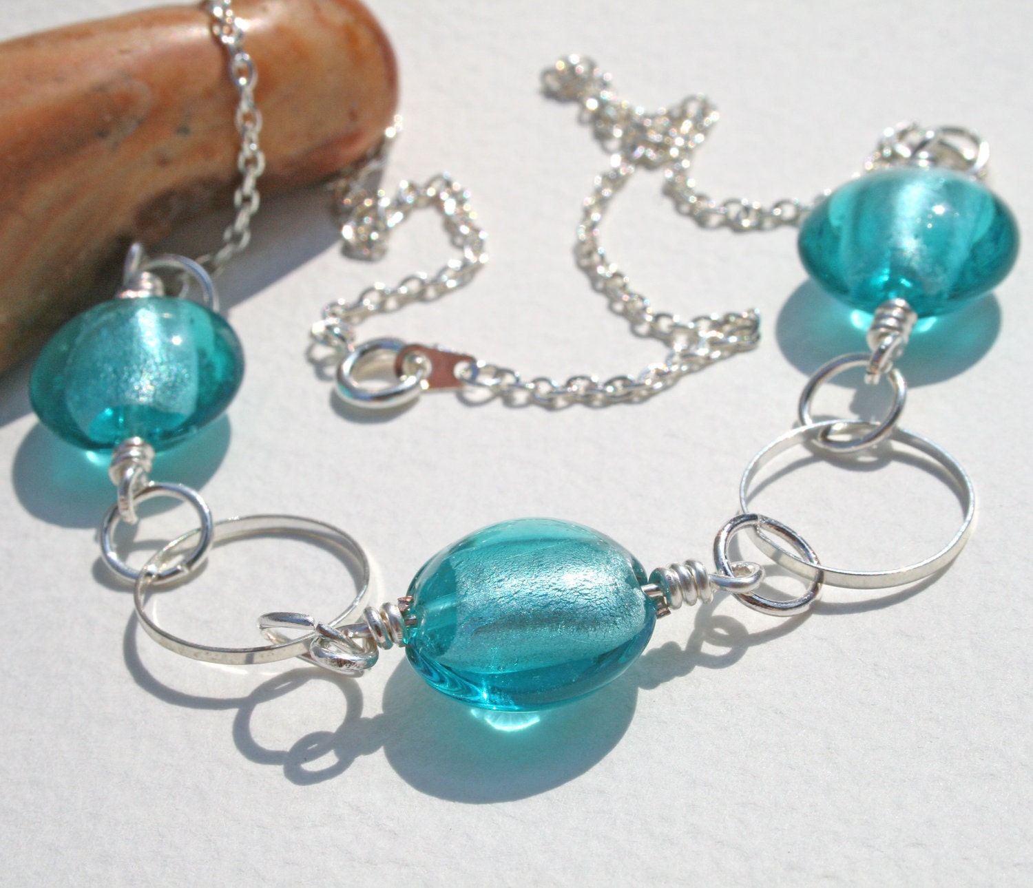 Sea Blue Glass Foil Bead Necklace