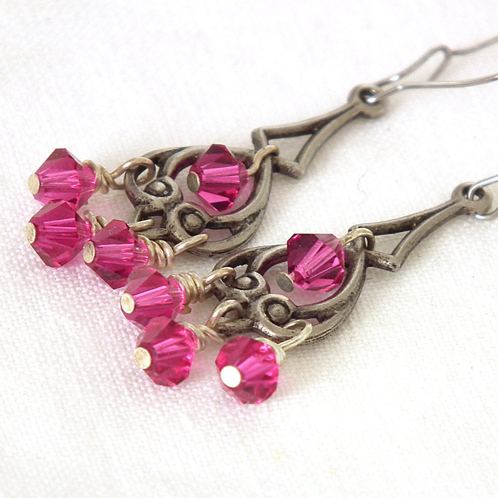 Earrings Pink Crystals Vintage Inspired Filigree  Antiqued Silver