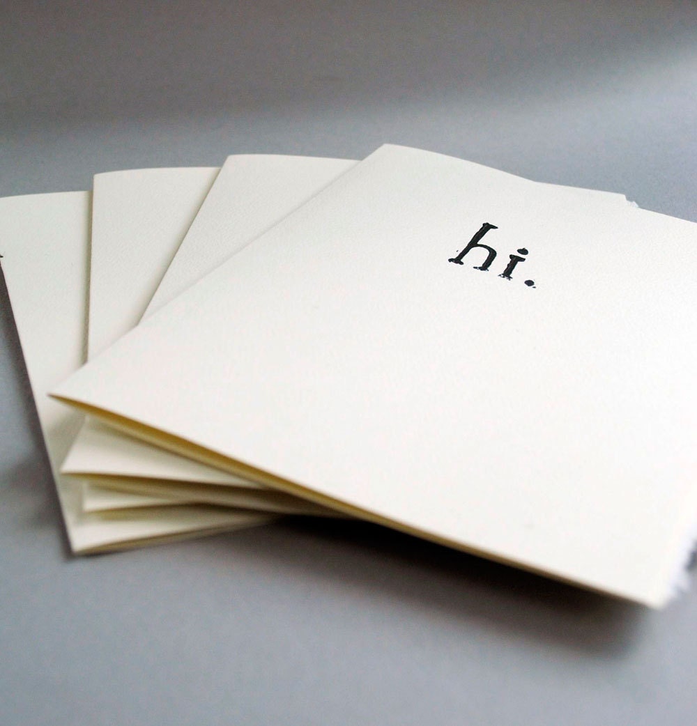 Four  'Hi'  Block Print Cards  Linocut  Notecard Typewriter Font 5 x 7 inches Blank Inside