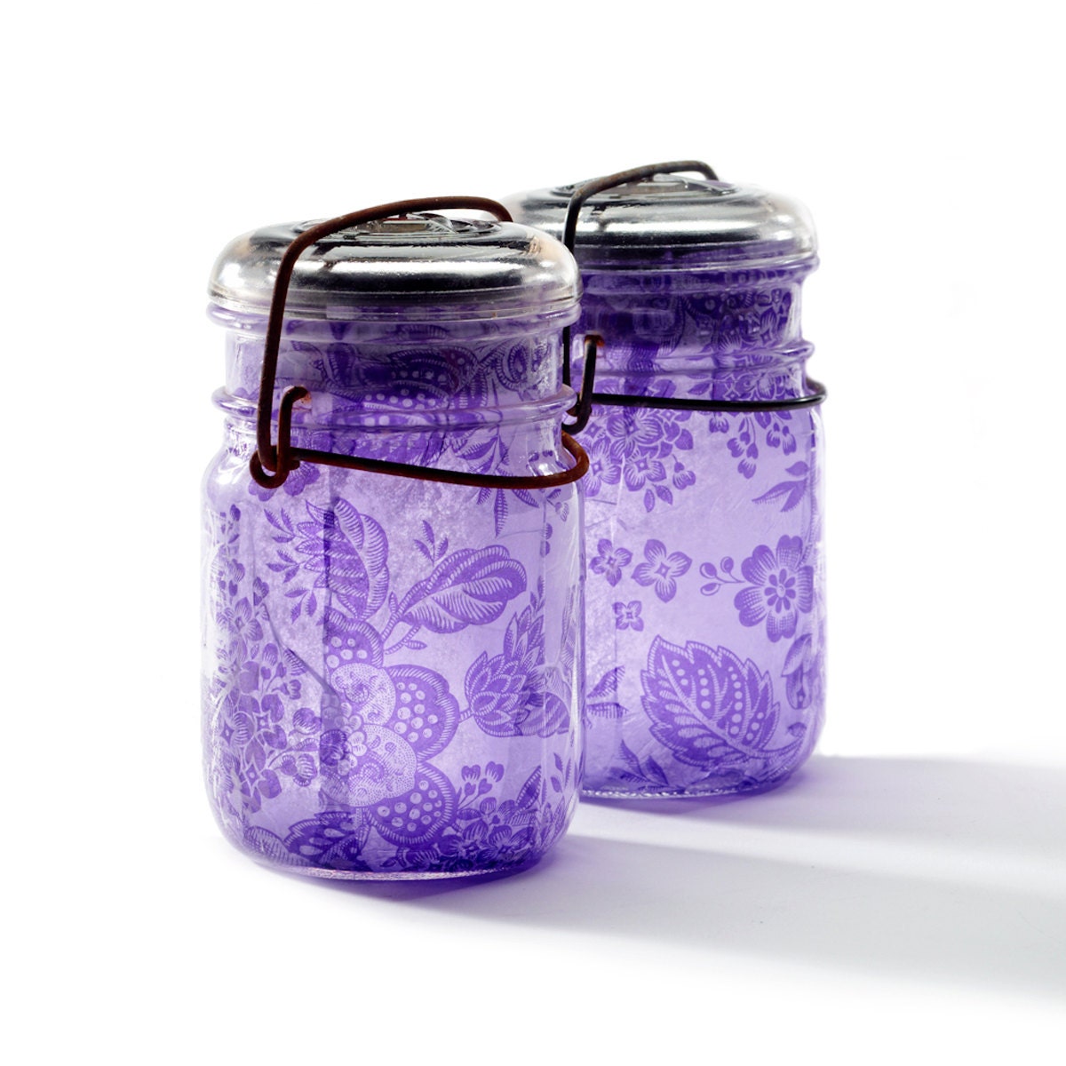set of two vintage atlas & ball glass top mason jars .. handmade solar lights : pint size decoupage - purple floral lace