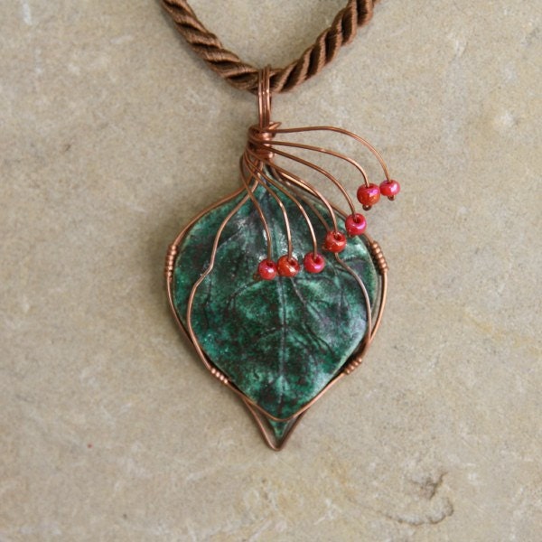 Hand Sculptured Leaf Necklace, Pendant Wrapped in Copper