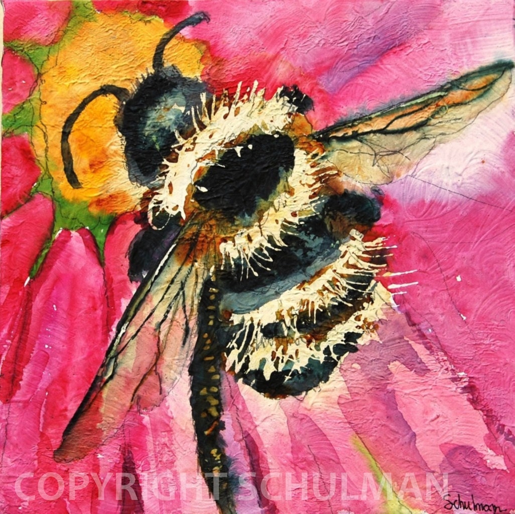 Insect Art, Bee Painting, Modern Abstract Contemporary Watercolor Painting art "Busy as a Bee" 10x10 in feminine soft colors