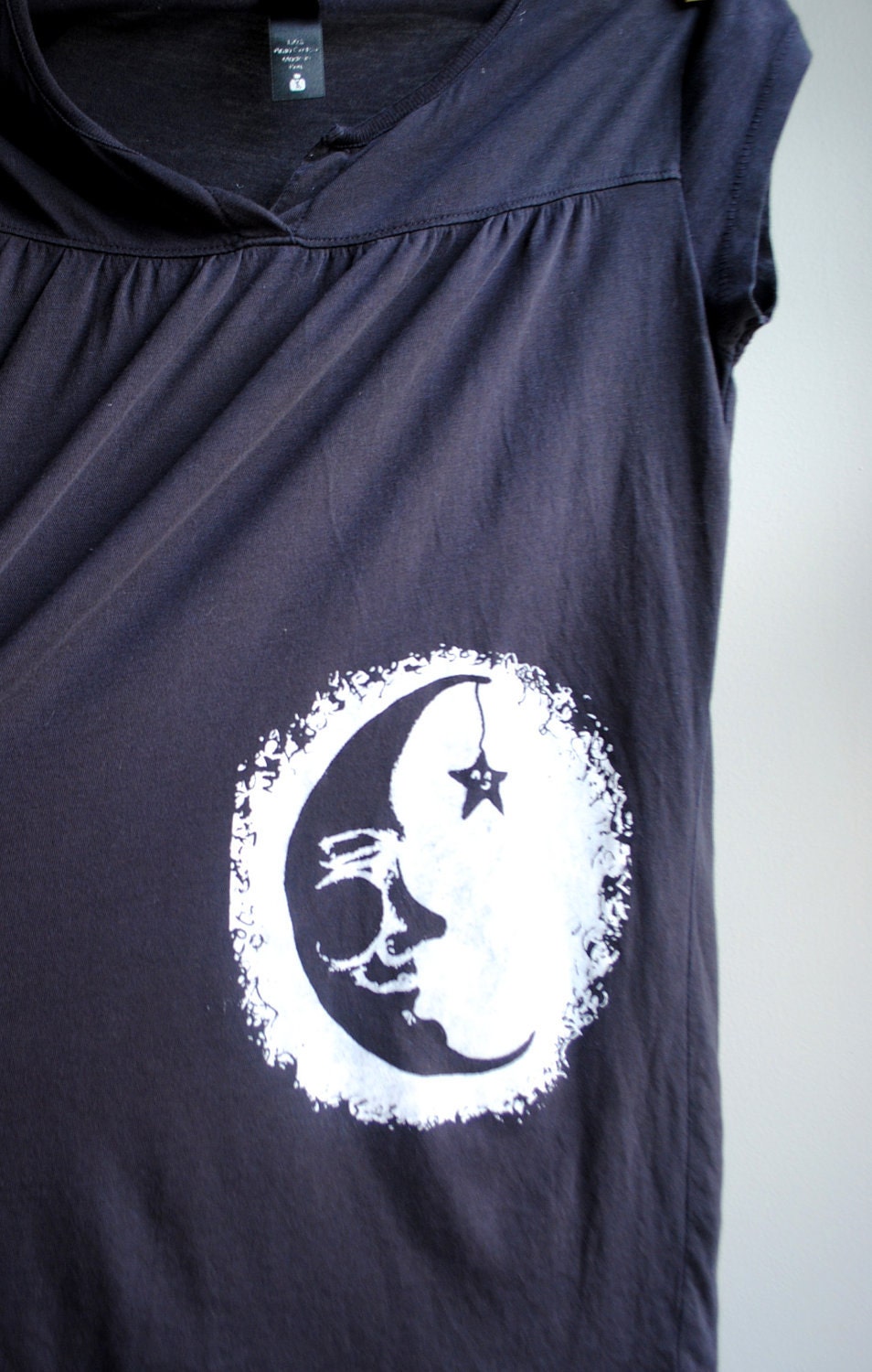Man in the Moon with Twinkling Star Screen Printed Babydoll Shirt, Charcoal with White Ink, Womens Small