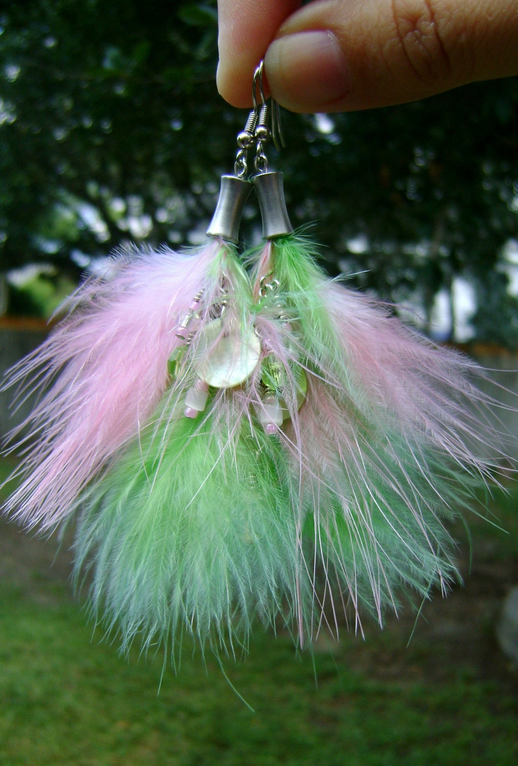 OOAK Punk Neon Pink and Green Feather Dangle Handmade Earrings FREE SHIPPING