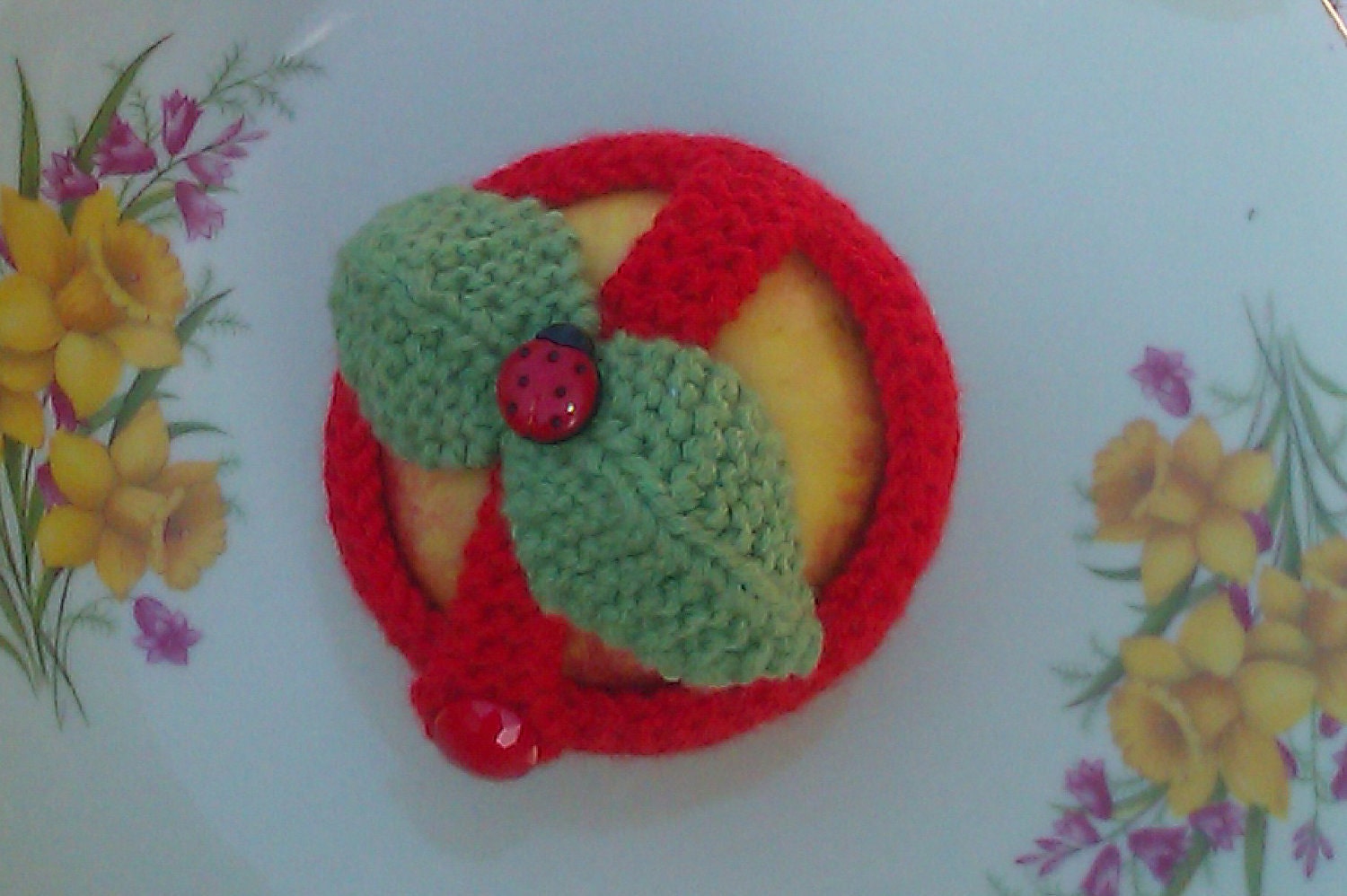 Hand knitted apple cozy.