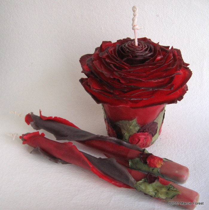 Rose Garden Wedding Candles, Unity Set - Pillar, Tapers, Red & Black - Pure Beeswax, Rose Petals, Leaves - Unique Candles by Marcie Forest