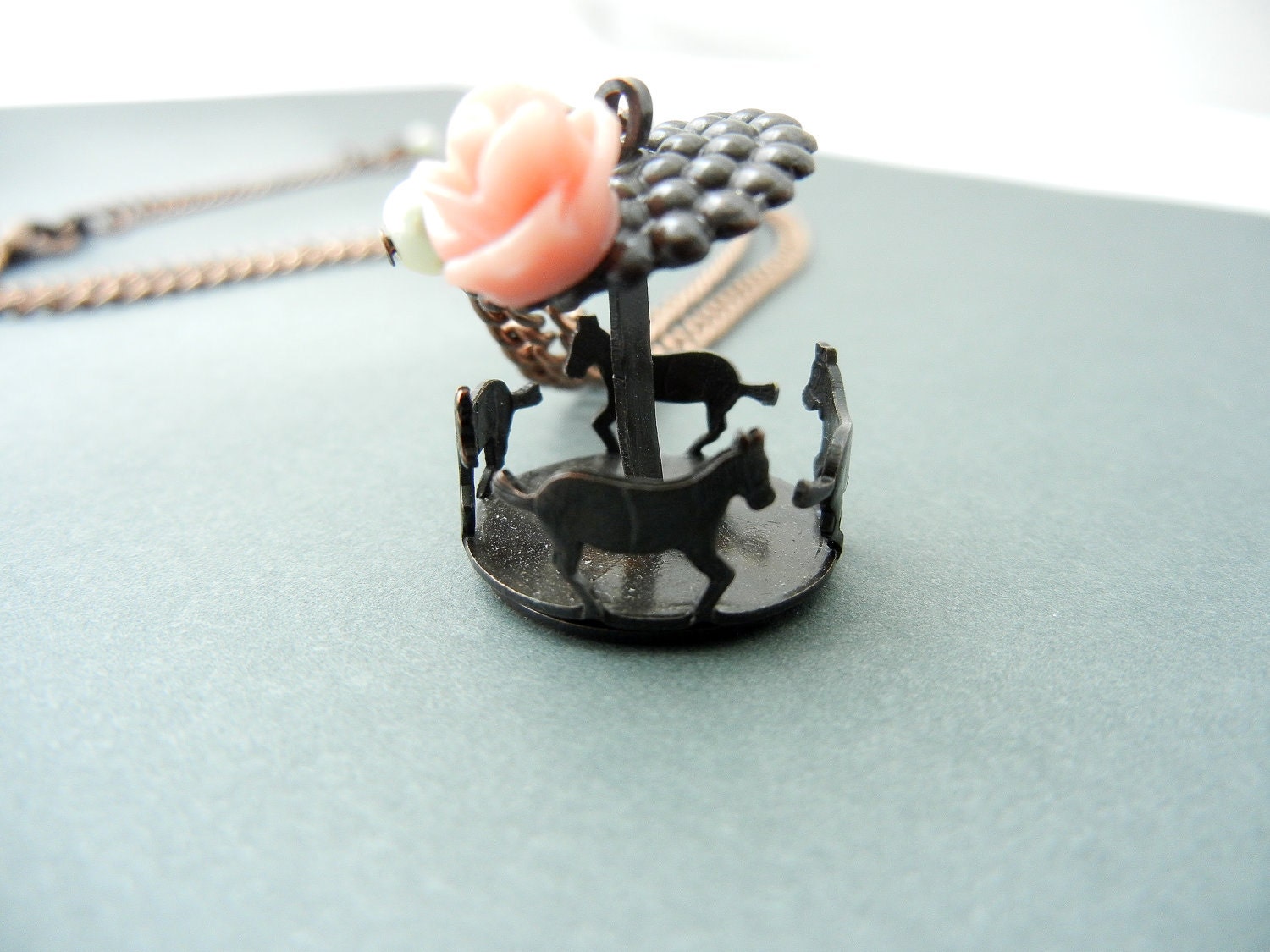 Tiny Carousel Whimsical Fair Necklace Pink Resin Rose Tiny Glass Pearl Brass Horses