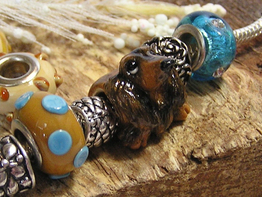Long-haired Dachshund Black and Golden Tan "Little Toes" Polymer Clay Pandora Dog Bead - Charm