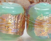 Reserved for Fire Divas Treasury Lampwork glass bead earring pair, pastel green pink berry fuschia plum purple opal copper