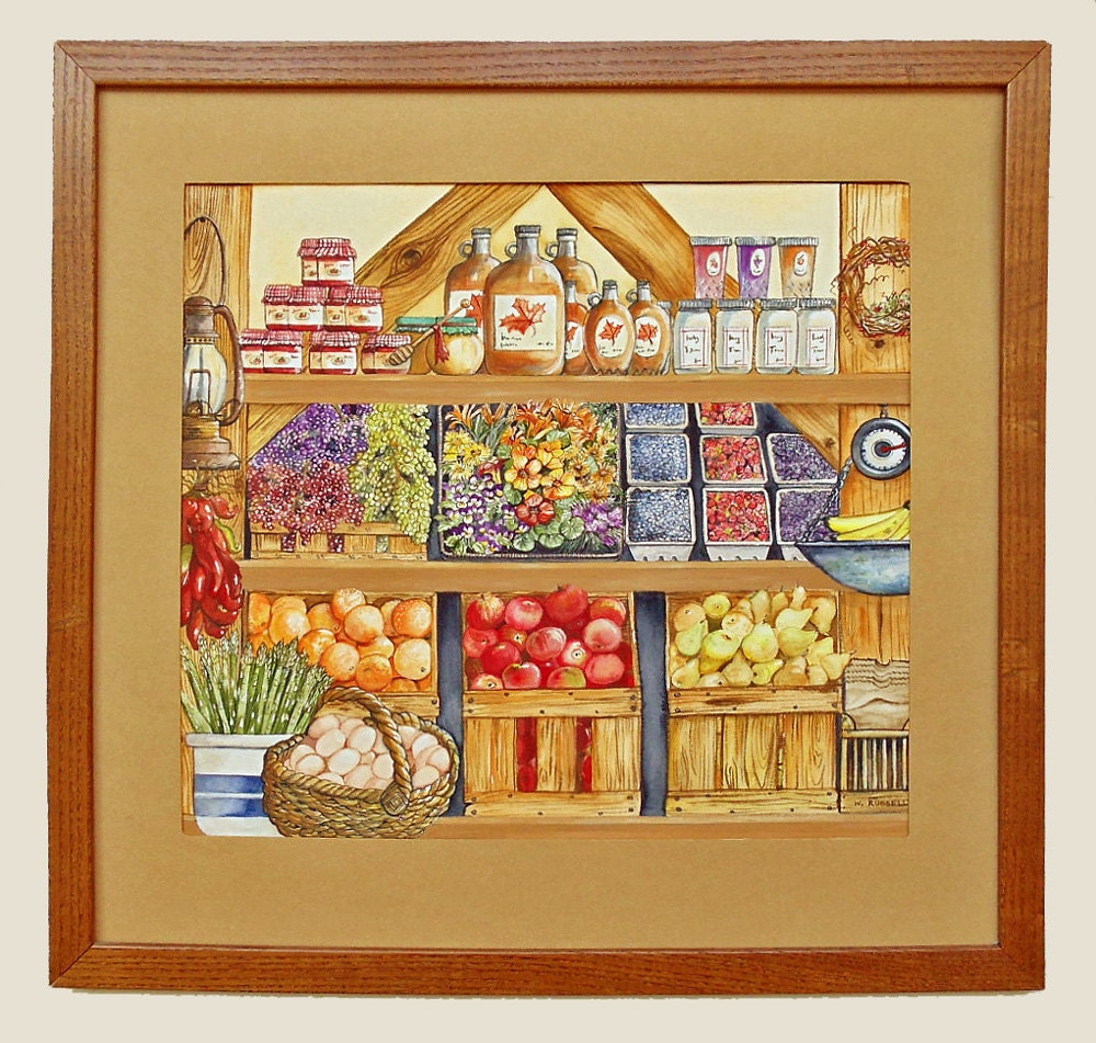 Original Detailed Watercolor Painting Fall Farm Stand