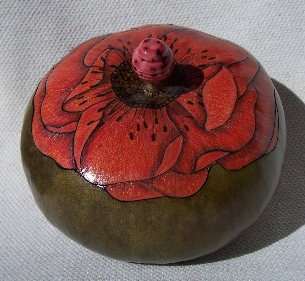 Large sage green gourd box with single red poppy lid
