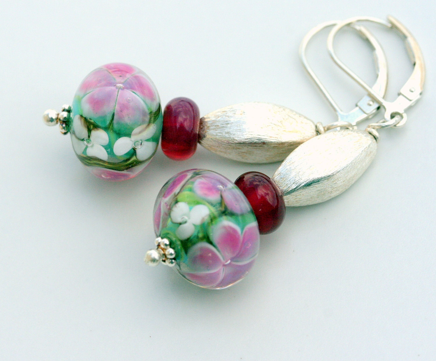 Pink Florals artisan lampwork and sterling silver earrings