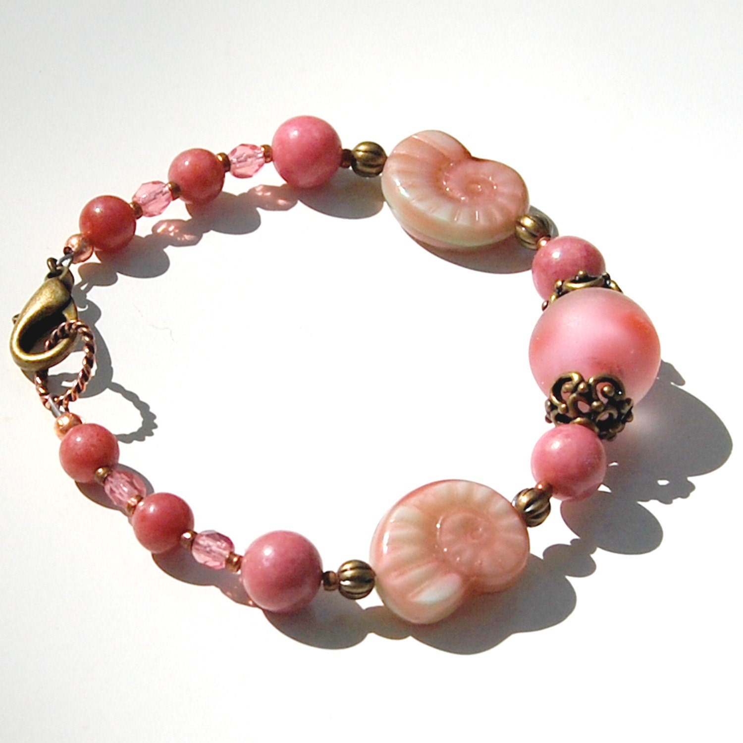 Pink Vintage Bead and Brass Ox Bracelet (Conch Pearl Essence)