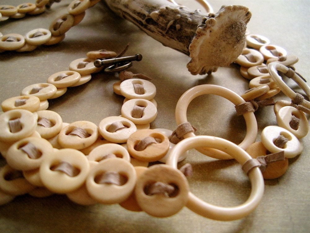 RELIC, Button Necklace of Antique Bone Buttons, Bone Rings and Suede