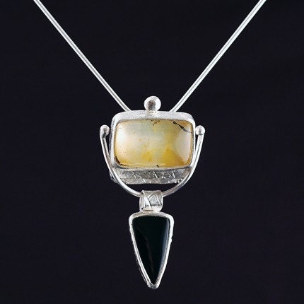 Citrine and Onyx Silver Pendant Necklace