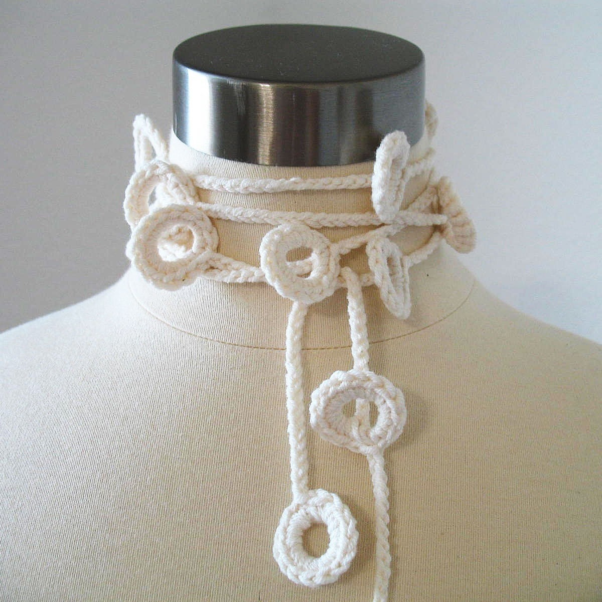 Loopy Loops Lariat - Women Whimsical, Delicate, Light, All Season, Spring, Summer, Fiber Jewelry in Vanilla Cream