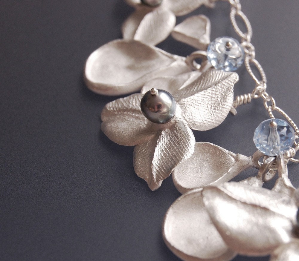 Silver Blue Pearl and Crystal Flower Necklace -- Blue Ophelia