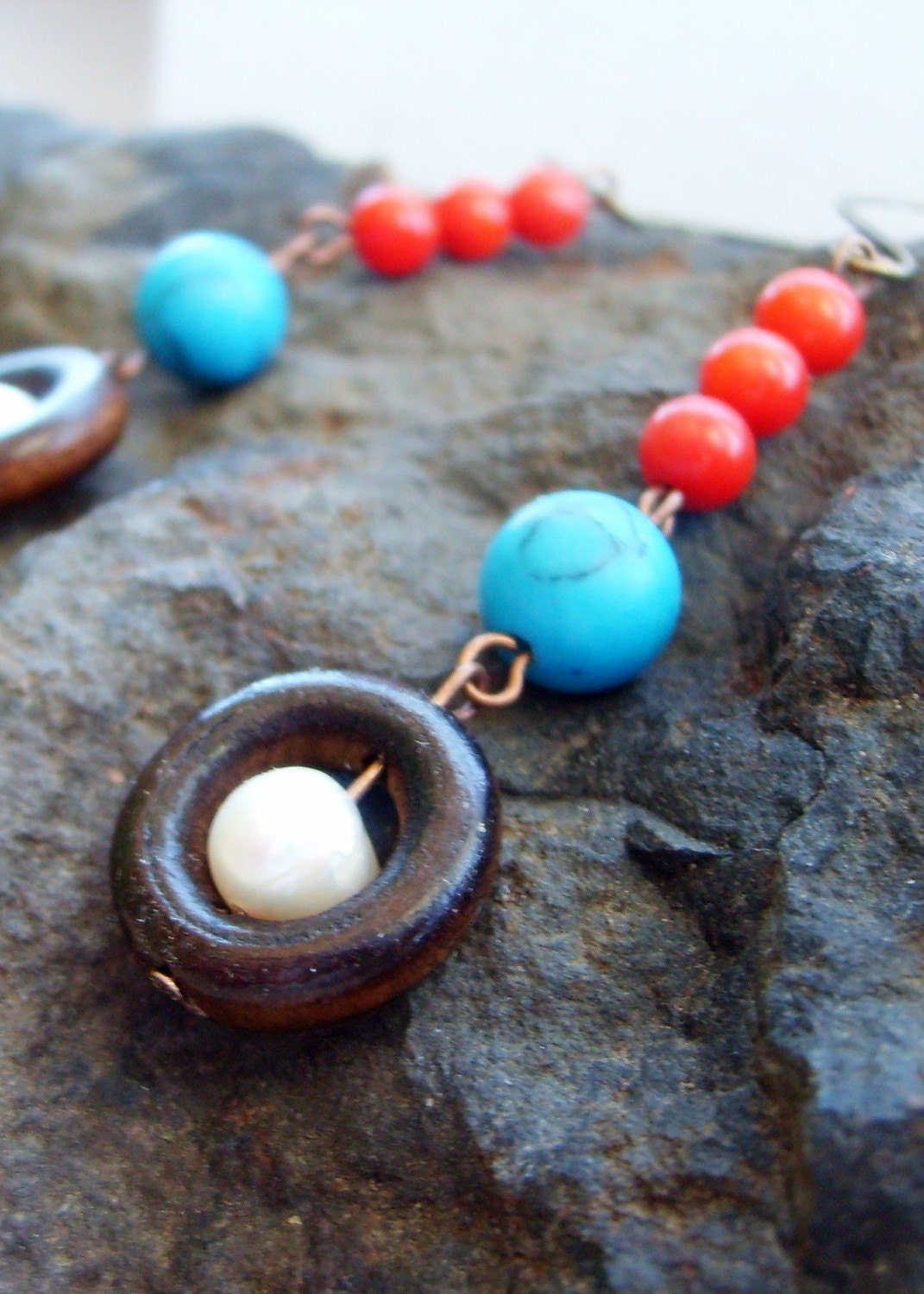 Summer Naturals ..Red Coral, Turquoise,Freshwater Pearl, Wood and Copper Earrings