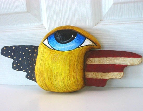 Americana Patriotic Paper Mache Big Eye Bird with Primitive Flag