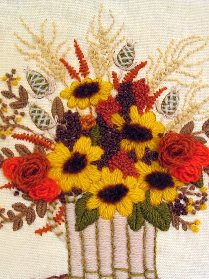 Crewel Embroidered Floral Picture in Yellow, Orange, Olive  and Rust Vintage 1970's