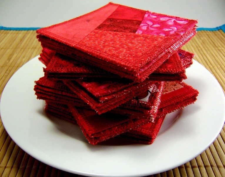 Art Quilt Drink Coasters - Set of 4 - Ruby Red Shades OOAK