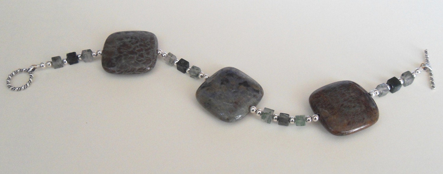 Sterling silver African opal and moss agate toggle bracelet