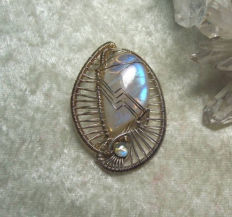 WEDDING DAY - OOAK Wire Wrapped Yin/Yang Pendant in Rainbow Moonstone, Sterling Silver Wire and 14K Gold-Filled Wire