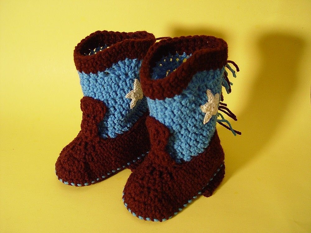 Handmade Crochet Baby Booties Western Cowboy Boots Dark Brown and Bimini Blue with Beige Stars