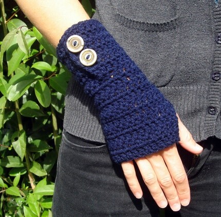 Ready to Ship Navy Crochet Armwarmers with Fancy Vintage Buttons - Vegan